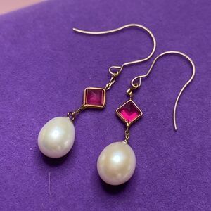 💛 14k Yellow Gold Ruby & Pearl Drop Earrings